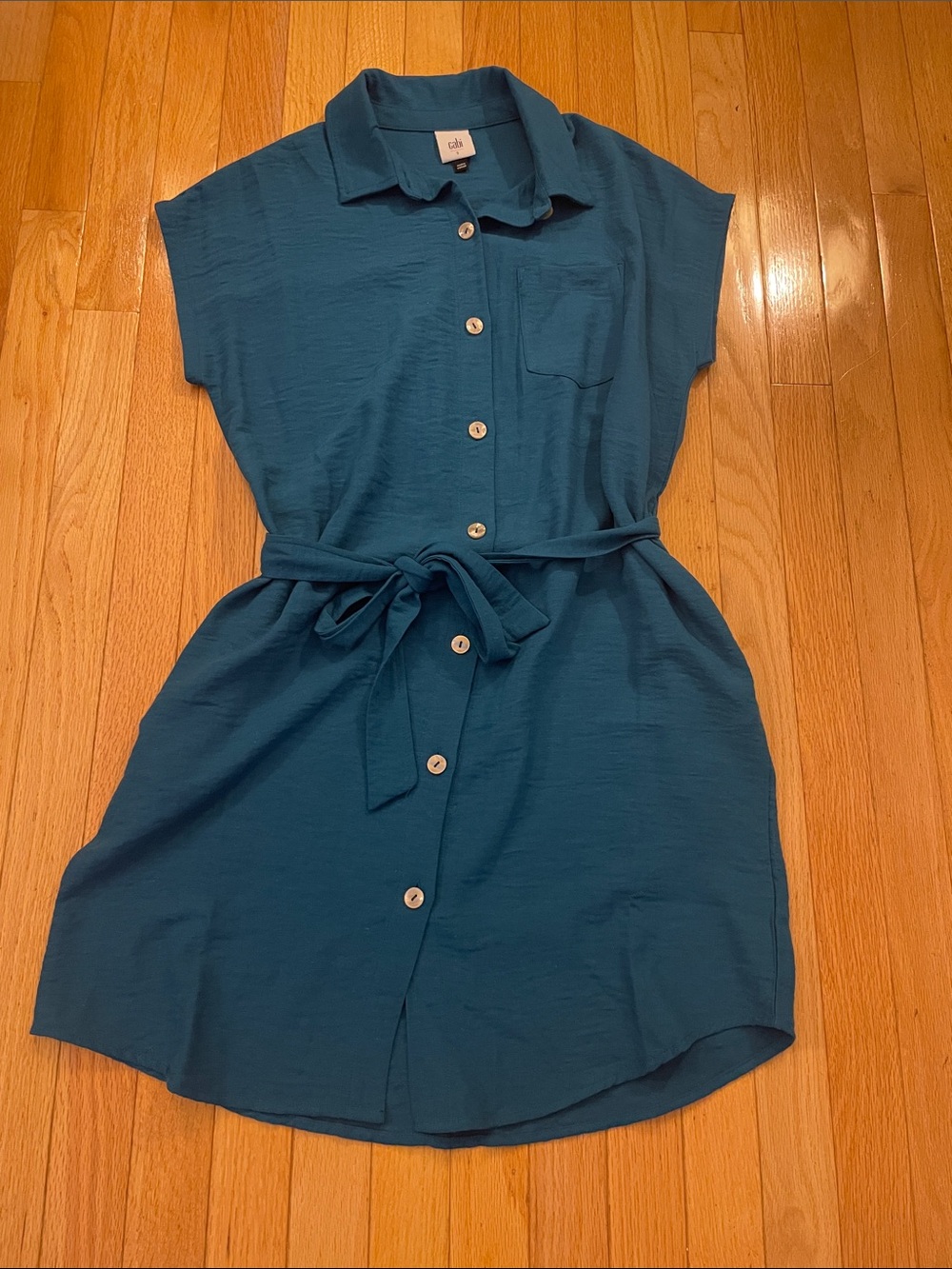 cAbi Shore Thing Teal Button-Front Tie-Waist Mini Shirt Dress